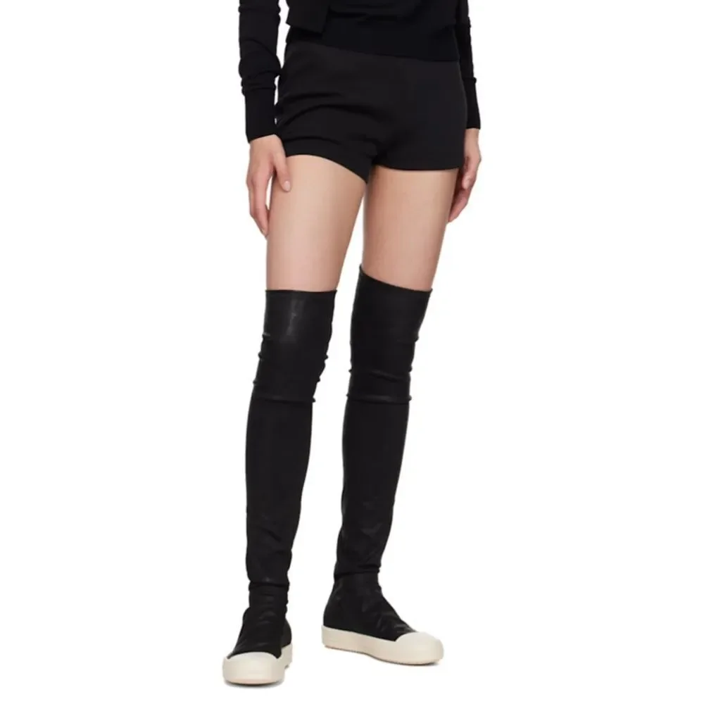 Kluolandi Black Faux Leather White Shoe Over the Knee Pull On Sneaker Boots